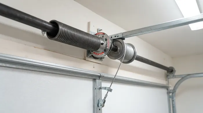 Close-up of a garage door torsion spring